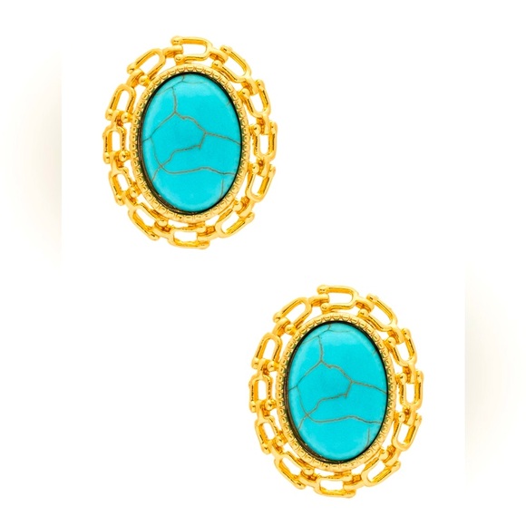 14k Gold Oval w/Turquoise Accents Statement Earrings - Picture 1 of 2